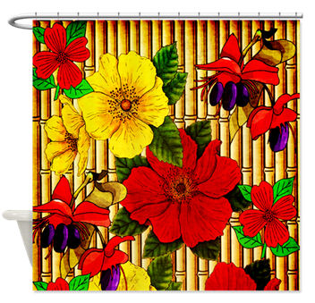 red, orange, and gold flowers against a bamboo background