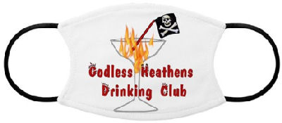 Cocktail glass with the burning flames of hell, pirate flag and words 