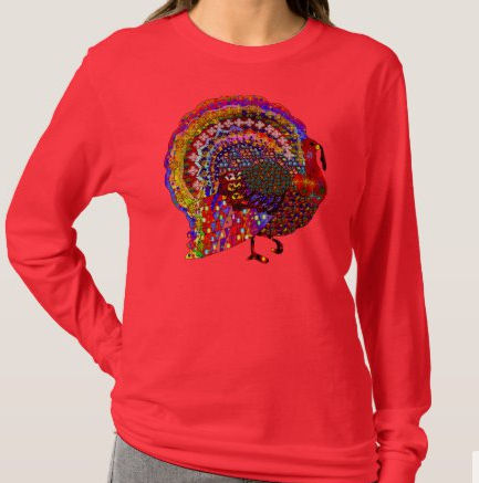 red long sleeved shirt with jeweled turkey design as seen on television show starring Rachel Bloom called CRAZY EX-GIRLFRIEND