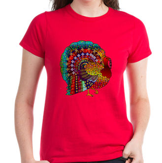 red short sleeved shirt with jeweled turkey design as seen on television show starring Rachel Bloom called CRAZY EX-GIRLFRIEND