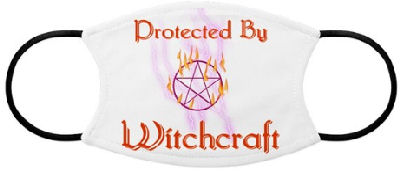 This pentagram design with lightning and fire bolts and text that says: Protected By Witchcraft tells those that wish you harm they'd better back off.