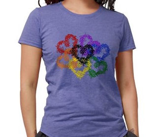 Hearts made from line drawn roses in rainbow colors with a black center.