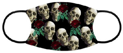 Grinning skulls with red roses against a black background makes you stand out in the crowd as unique and different.