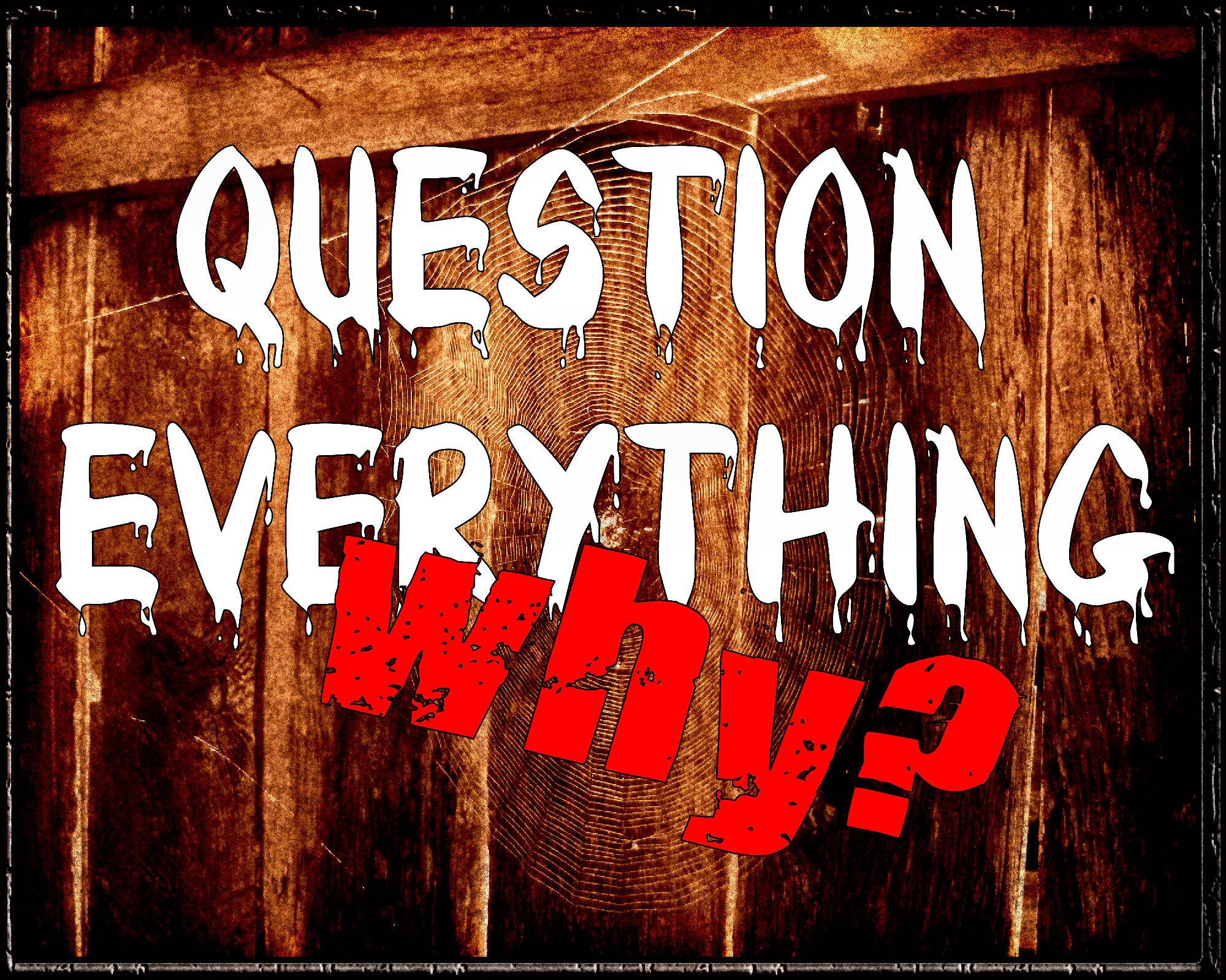 Words on wall say Question Everything with Why? written over part of it.